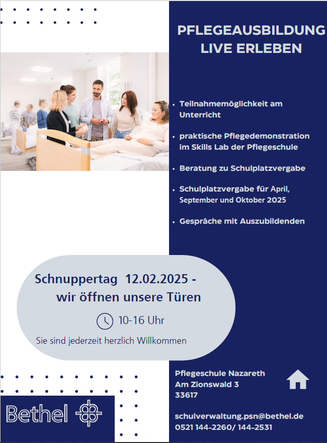 Flyer - Schnuppertag der Pflegefachschule Nazareth am 12.02.2025